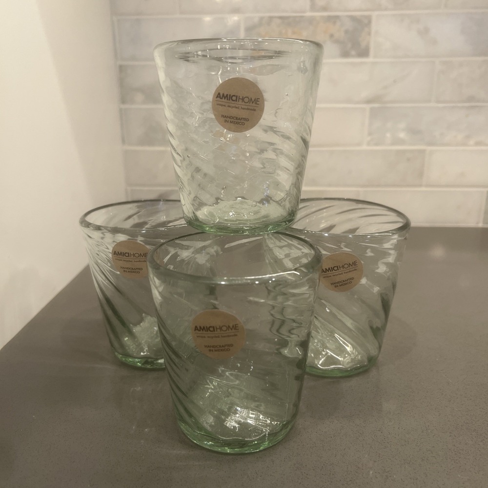 NEW 4-Amici Home Handcrafted In Mexico, Recycled Glass Green Swirl